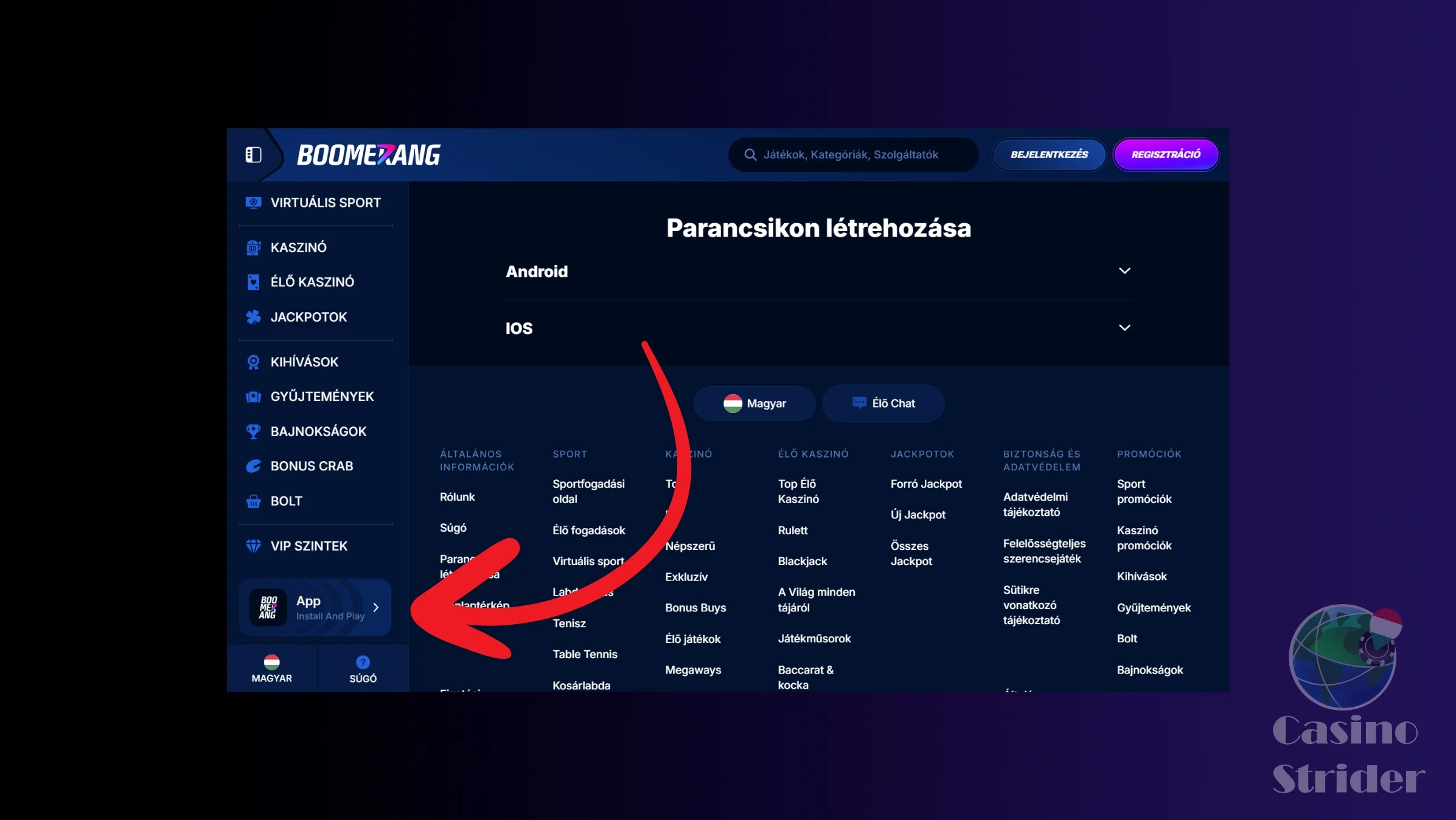 Mobil kaszinó a Boomerang Bet-en