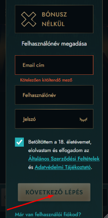 Belépési adatok megadása