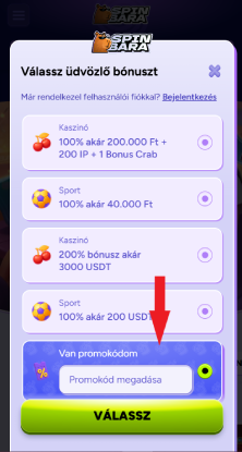 Promóciós kódok megadása