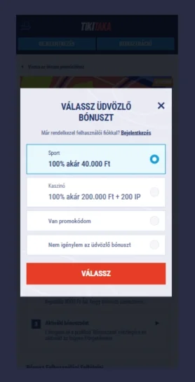 Induló bónusz kiválasztása