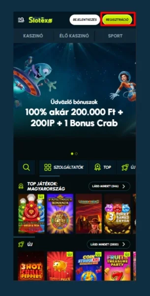 Regisztrációs űrlap megnyitása a casino