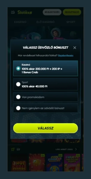 Üdvözlő bónusz kiválasztása