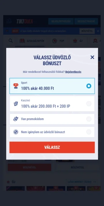 Válaszd ki az üdvözlő bónuszt.