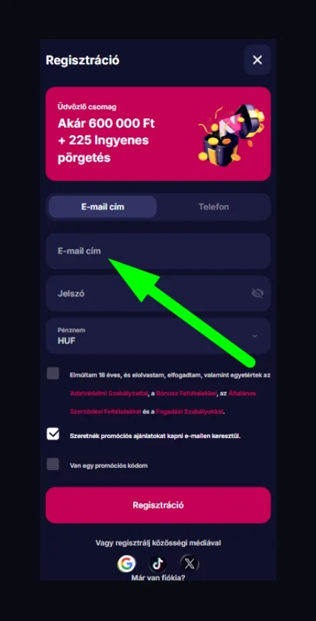 E-mail/telefonszám megadása