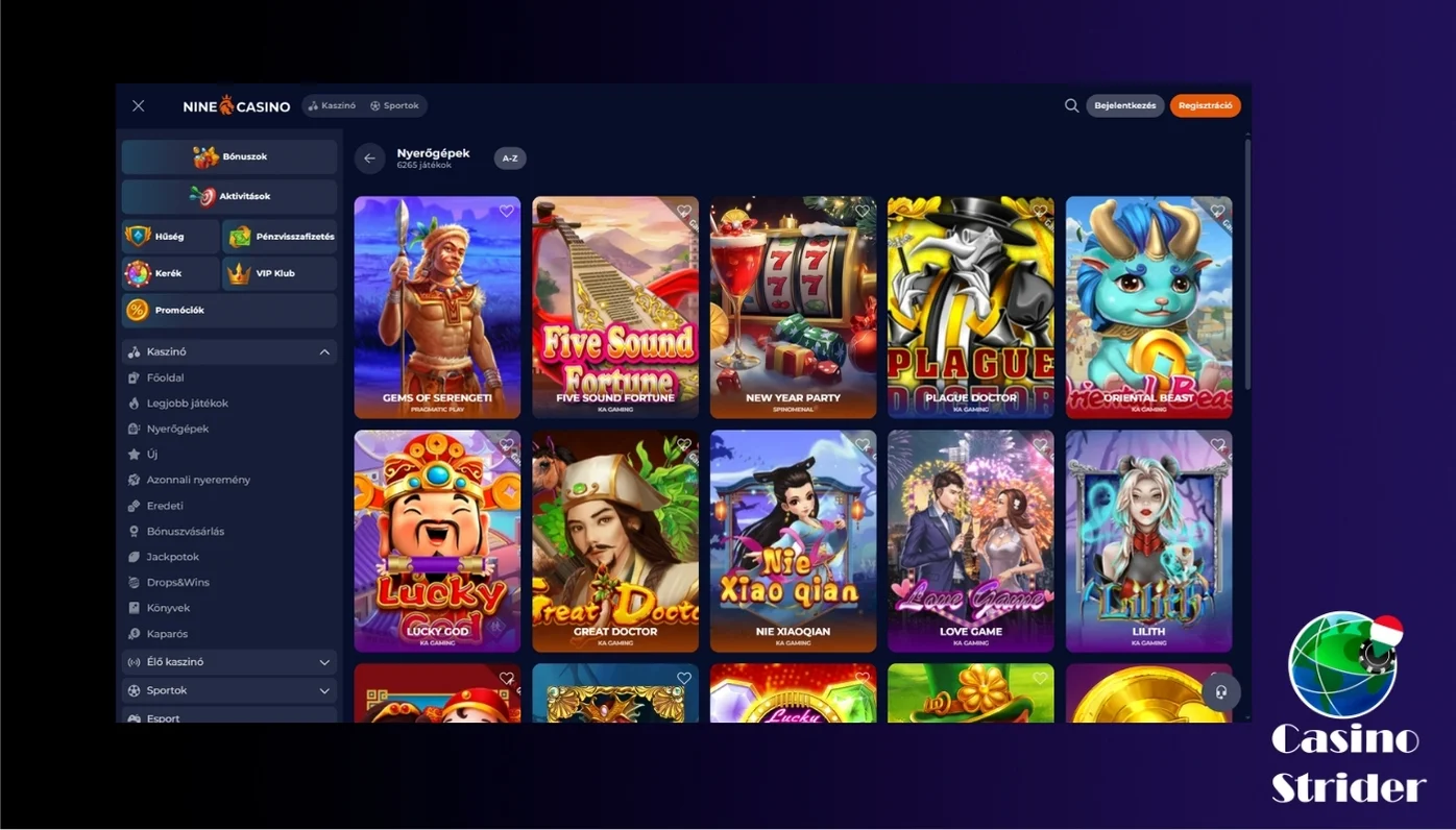 Játékok kínálata nine casino
