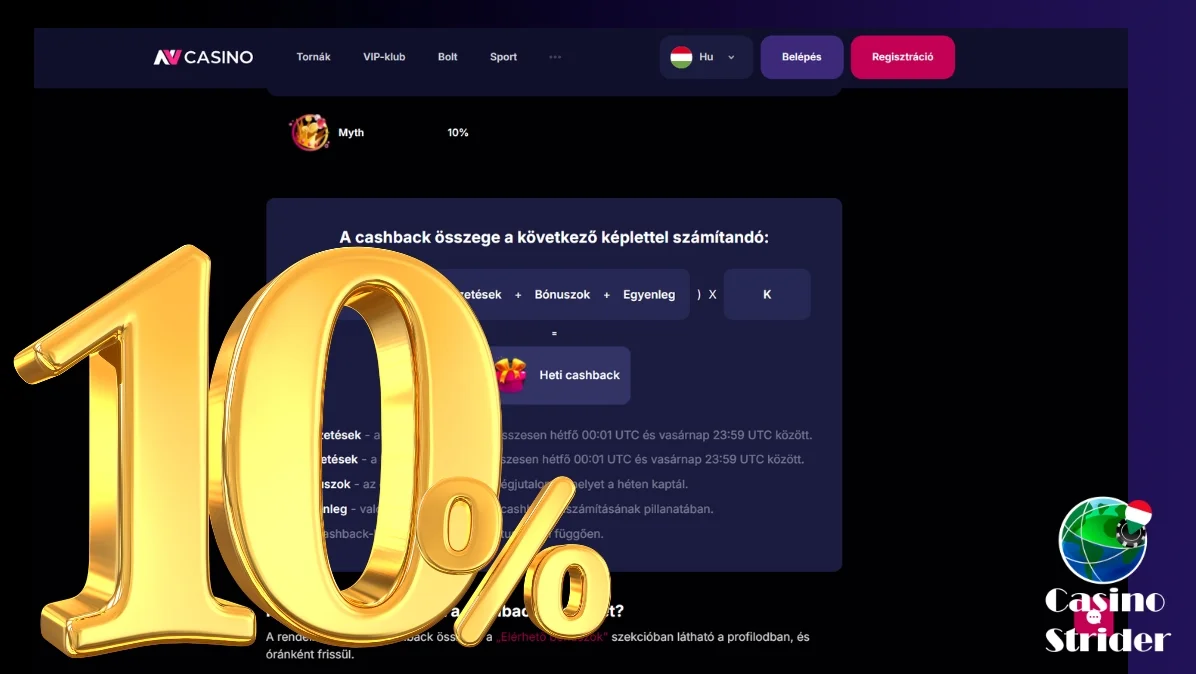 A Myth szinten elérhető maximum cashback 10% NV Casino