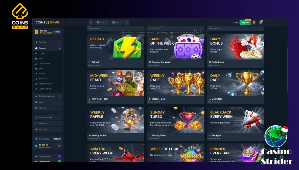 Bónuszok és promóciók a Coins Game kaszinóban