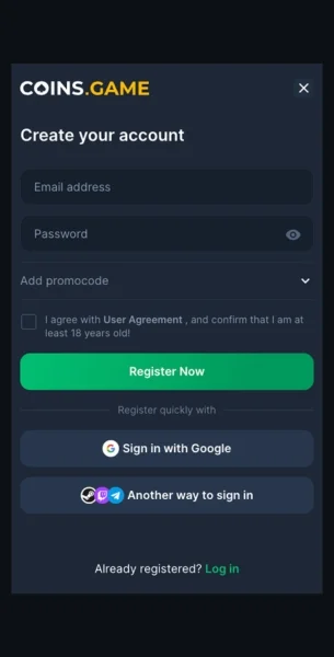 Coins Game Töltse ki a regisztrációs adatokat