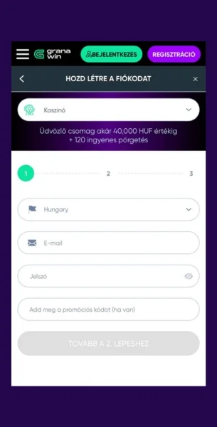 Granawin e-mail és jelszó megadása