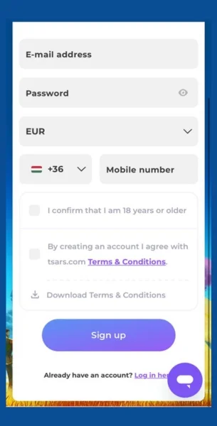 Kattintson a Tsars Kaszinó Sign up gombra és ellenőrizze e-mailjét