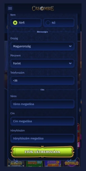 Személyes adatok megadása a Casombie (Registration 2/2)