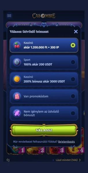 Üdvözlő bónusz Casombie kiválasztása
