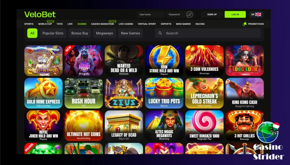 Velobet casino játék kínálat