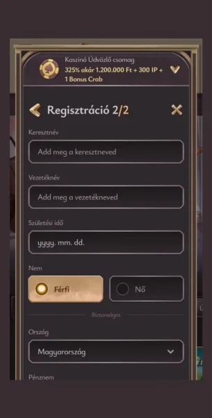 Vicibet regisztráció 2/2 – Személyes adatok