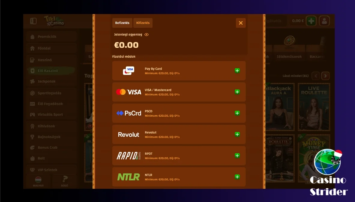 Befizetés és kifizetés a Tiki Casinónál